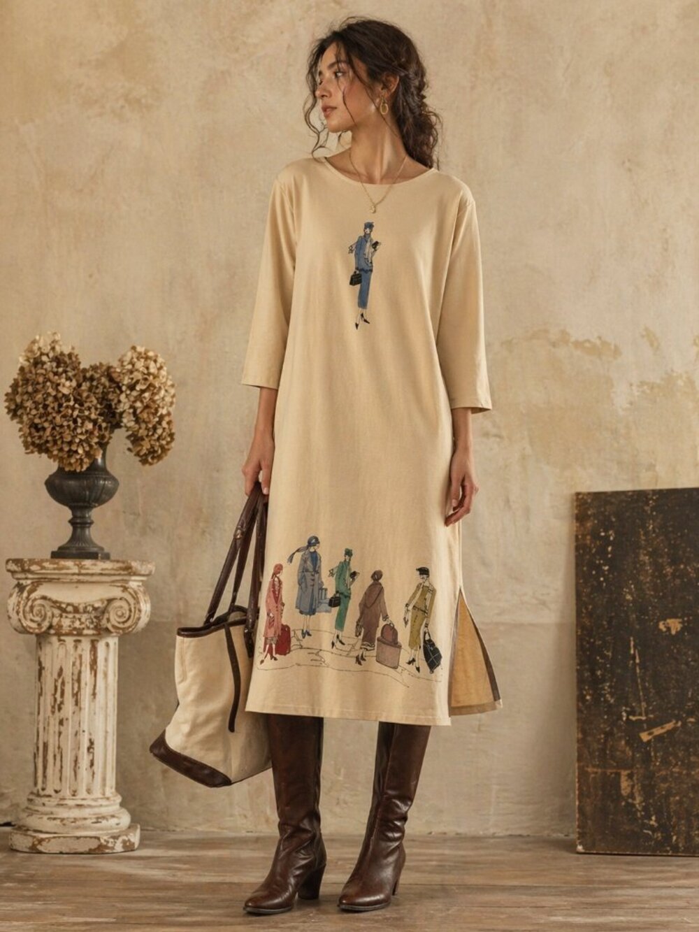 Vintage Trisha 1999 Graphic Midi Dress XL Art Print Cotton USA - Picture 1 of 13